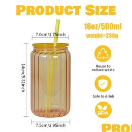 Mugs Can Sublimation Glass Mason Jar 16Oz Jelly-Colored Striped Cup Beer Reusable Cups Tumblers Suit For Juice And Coffee Drinkware Dhvn3