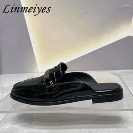 Slippers Patent Leather Woman Round Toe Comfort Mules Shoes Female Luxury String Bead Street Style Half Flat Women
