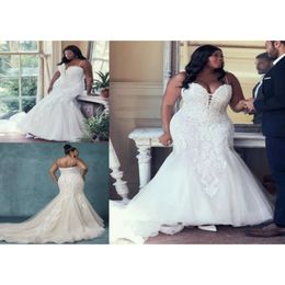 Tamanho lindo casamento e vestidos de sereia vestido de noiva Apliques de laços de laço Spaghetti Sweep Train Trem personalizado