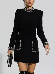 Casual Dresses Est 2024 Designer Fashion Women's Colorful Diamond Standing Neck Long Sleeve Dress