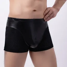 Underpants Youth Leather Patchwork Mesh Underwear Men Low Waist Breathable Boxer Shorts Teenagers Semi Transparent Thin Ao Pants