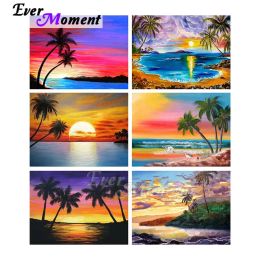 Stitch Ever Moment Diamond Painting Full Square Resin Drills Coconut Tree Wall Art Colourful Sunset Embroidery Diamond Display ASF2207