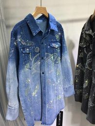 Women's Blouses Heavy Embroidery Drilling Shirt Starry Sky Shiny Denim Jacket Cardigan Spring Autumn Coat Mid-Length Slimming Tops