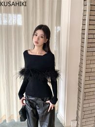 Women's Sweaters KUSAHIKI Fashion Fur Patchwork Square Neck Long Sleeved Knitted Sweater For Spring Slim Niche Elegant Knitwear Top