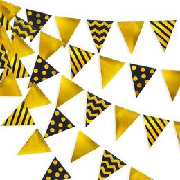 Banner Flags Black Gold Foil Polka Stripe Xmas Triangle Pennant Banner Paper Flags Bunting Garland for New Year Birthday Streamer Decorations