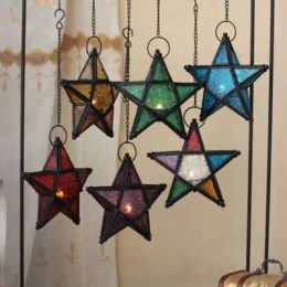 Holders Moroccan Colour Glass Wind Lamp Aromatherapy Candle Holder Garden Terrace Decoration Home Decoration Metal Fivepointed Star