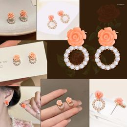 Stud Earrings Romantic Rose Pearl Mini Small For Women Accessories Lovely Orange Camellia Flower Earring Fashion Ornaments Gifts