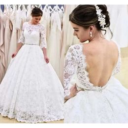Lace Dresses Vintage Half Wedding Sleeves Bride Gown Backless A Line Sweep Train Crystals Beaded Custom Made Plus Size Scalloped Neckline Vestido De Novia