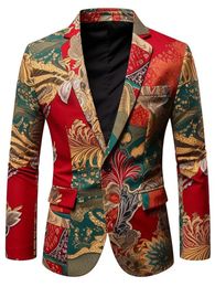 fashion red print mens suit 3D fashionable dress business casual flower jacket coat 240430