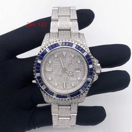 White VVS Quality Moissanite Diamond Watch Blue Sapphire Round Dial Analog Watch Iced Out Hip Hop Watch