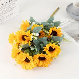 Decorative Flowers 1PC Simulation Flower European Style Nine Head Fan-shaped Sunflower Bouquet Living Room Dining Table Decoration Home