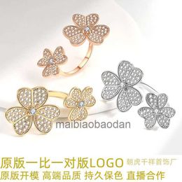 Designer Luxury Jewellery Ring Vancllf Fanjia Clover Female Double Flower Full Diamond Open Petals Simple Fashion Live Broadcast