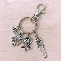 Keychains Sugar Skull Keyring Goth Gifts Skeleton Keychain Gift Skulls And Roses Gothic Silver Color Emo Jewellery Punk Handmade