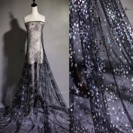Fabric Starry sky black magic color net gauze fabric hot diamond sequins star net cloth background dress clothing designer fabric