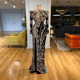 Evening Dresses Appliqud Chic Lace Gold Black Sexy Sheer Long Sleeves Formal Party Sweep Train Custom Made Mermaid Prom Dress