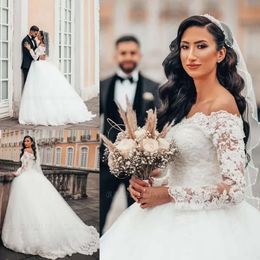 Kleider Brautball Wunderschönes Hochzeitskleid Langarm Spitzenapplikationen von den Schulterkristallen Perlen Tüll Tüll Dubai Custom Made Plus Size Vestido de Novia