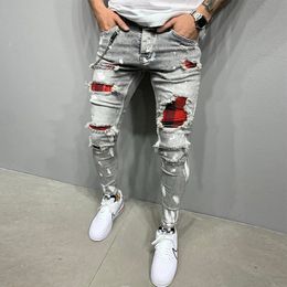 Mens Skinny Ripped Jeans Fashion Grid Beggar Patches Slim Fit Stretch Casual Denim Pencil Pants Painting Jogging Trousers 240418