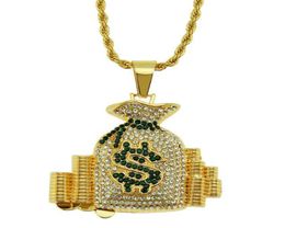 New Hip Hop Fashion Mens Gold Stainless Steel Crystal Dollar Sign Moneybag Pendant ed Chain Necklace Jewelry Gift9520819