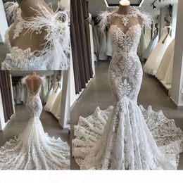 Mermaid Wedding Dresses Bridal Lace Gown With Feather Beaded Sequins Sweep Train Backless Sleeveless Custom Made Vestidos De Noiva