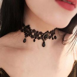 Choker Gothic Black Necklace Womens Crystal Tassel Sexy Lace Soft Collar Chain Halloween Jewelry