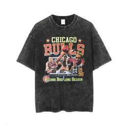 Bull printed T-shirt street clothing retro washed basketball star T-shirt casual and fashionable hip-hop top mens T-shirt 100% pure cotton jacket 240428