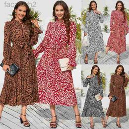 Basic Casual Dresses Autumn/Winter Women's New Slim Fit Style Leopard Pattern Standing Neck Lace up Pleated Dress Casual Mid length Dress Plus Size Dresse