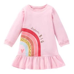 Girl's Dresses Little maven Baby Girls Dress 2023 New Autumn Girls Elegant Pink Dress Rainbow Prints Childrens Long Sleeve Dresses Cotton KidsL2405