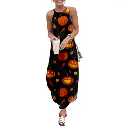 Party Dresses Halloween Pumpkin Print Women Casual Short Sleeve Camisole Dress Long Double Pocket Beach Resort Woman Dress-