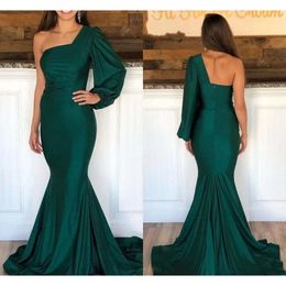 Evening Sleeves Green Dark Long Dresses Satin One Shoulder Designer Back Custom Made Prom Party Gown Formal Ocn Wear Mermaid Plus Size Vestidos De Novia