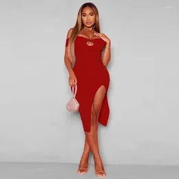 Party Dresses KEXU Sexy Off Shoulder Cutout High Side Split Bodycon Midi Dress 2024 White Black Red Women