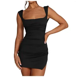 Casual Dresses Sexy Square Neck Women Dress Backless Bodycon Sleeveless Tie Back Slit Pleated Mini For Beach Party Wear