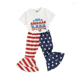 Clothing Sets Toddler Baby Girl 4th Of July Outfit Short Sleeve Shirt Top American Flag Bell Bottoms Flare Pants Set USA Clothes