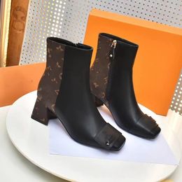 Women Ankle Boots Klassische Drucke Kowskin Lederstiefel Designer Shake Boot 5.5 cm klobige Absätze Quadrat Zehen Schwarze Party Schuhe Größe35-42 5.5 06