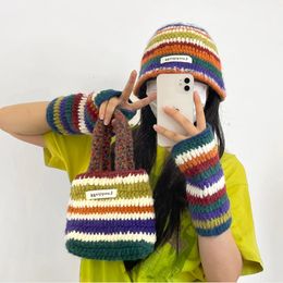 Rainbow Striped Knitted Bucket Hats for Women Autumn Winter Warm Panama Y2K Beanies Set with Gloves Bag 240430