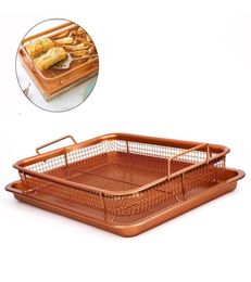 2019 Copper Air Fryer Crisper Tray Oil Frying Basket Non Stick Mesh Grill Aluminum Crisper With Easy Grip Handles T2002275937375