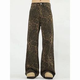 High street fashion brand men retro leopard print casual pants American Y2k loose wide leg straight jeans for men and women 240425