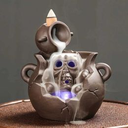 Fragrance Lamps 1pc Purple Clay Backflow Incense Burner Ceramic Halloween LED Skull Design Home Decoration Boy Gifts (Without Incense) T240505