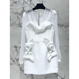 2024 Women's Clothing High quality transparent mesh patchwork bow white long sleeve dress Spring Summer New 51
