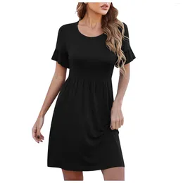 Casual Dresses Women's Summer Solid Colour Ruffle Short-sleeve O-neck Stitching Waist Big Swing A-line Dress