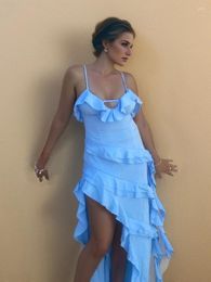 Casual Dresses Holiday Maxi Midi Ruffles Beach Dress 2024 Fashion Solid Color A-line Summer Women Sexy Strap Irregular