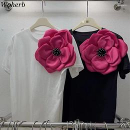 Women's T Shirts Women All Match Vintage Tshirts 2024 Ropa Mujer 3D Flower Beading Summer Tops Casual O-neck Short Sleeve Y2k Shirt