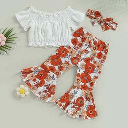 Clothing Sets Toddler Girls Summer Outfit White Short Sleeve Off Shoulder Tops Floral Flared Pants Headband