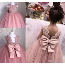 Dresses Girls' Pink Dusty Flower 2020 Newest Beaded Embroidery Sleeveless Satin Tulle Bow Kids Formal Ocn Wear Pageant Ball Gown