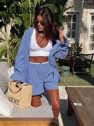 Frauen Shorts Nlzgmsj Retro Blue Stripe einzigartige Damen Set Single Brust Flip Kragen loser oberer Herbst Damen Set Wx