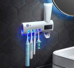 UV Toothbrush Holder Toothpaste Dispenser 4 Toothbrush Sterilizer Holder Wall Mounted with Sticker Sterilization Lamp for Family T7189016