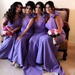 Bridesmaid Shoulder One Lavender Dresses Floor Length Sheath Pleats Bow Custom Made Plus Size Maid Of Honor Gown Vestidos Beach Wedding