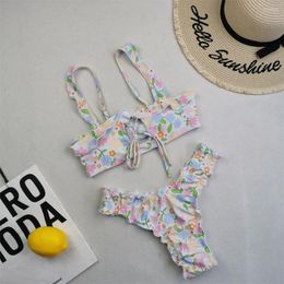 Women's Swimwear Lovely Floral Bikini Ruffles Hollow Out String Bikinis Sets Swimsuit Thong Women Two Piece Beach Bathing Swimming Suits