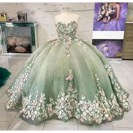 Neckline Duty Light Green Quinceanera Dree Sweetheart 3D Floral Applique Beaded Tulle Prom Ball Gown Cutom Made Sweet 16 Birthday Party Formal