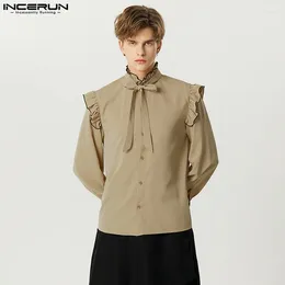 Men's Casual Shirts INCERUN Tops 2024 French Style Mens Standing Collar Ruffled Edge Tie Blouse Party Shows Solid Long Sleeved S-5XL