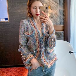 Chic Women Plaids Fringed Jacket Tweed Pearls Buckles Tweed Blazers Gold Silk Retro Checked Coat Spring Fall Cardigan Crop Tops 240506